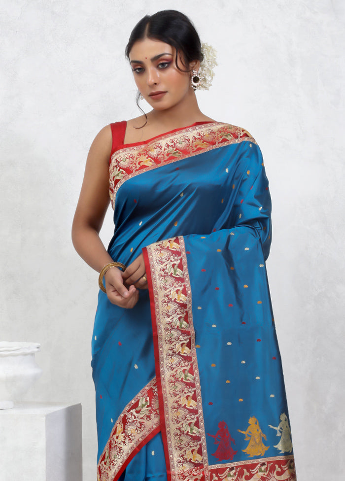 Blue Katan Pure Silk Saree With Blouse Piece - Indian Silk House Agencies