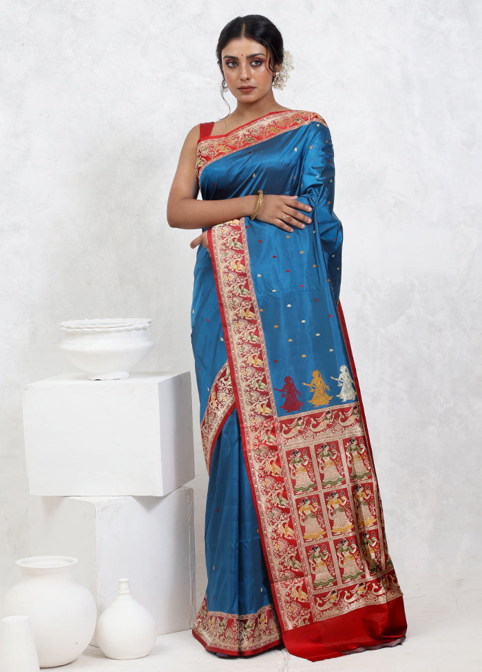 Blue Katan Pure Silk Saree With Blouse Piece