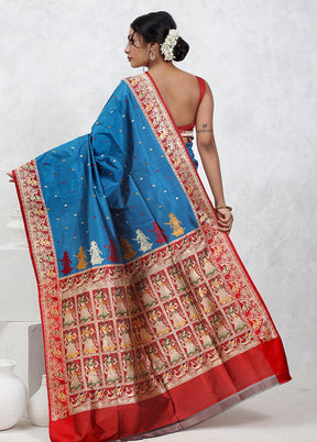 Blue Katan Pure Silk Saree With Blouse Piece