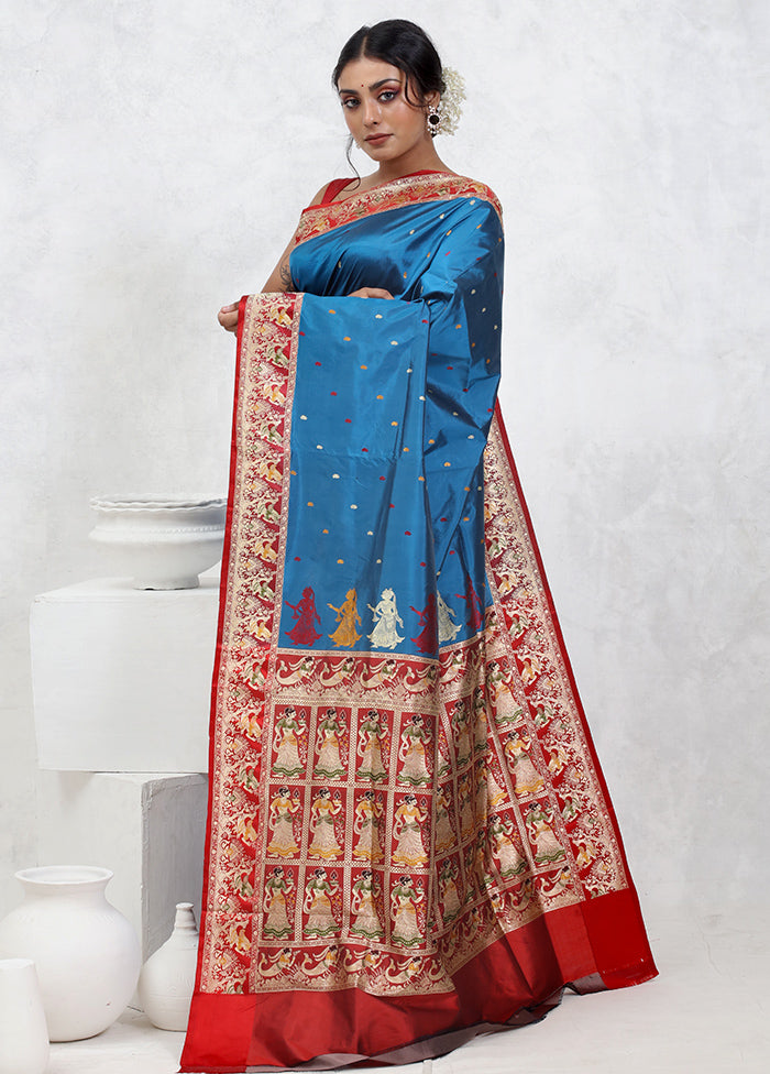 Blue Katan Pure Silk Saree With Blouse Piece