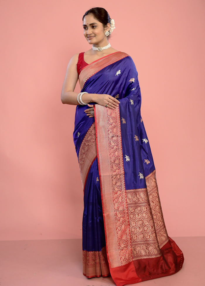 Blue Katan Pure Silk Saree With Blouse Piece - Indian Silk House Agencies