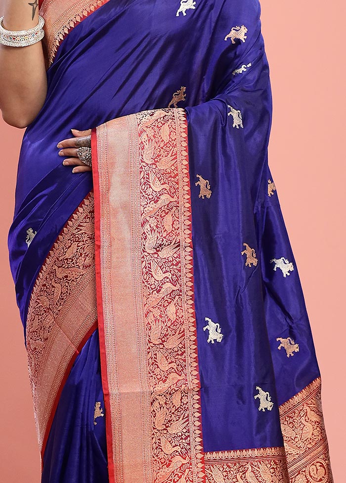 Blue Katan Pure Silk Saree With Blouse Piece - Indian Silk House Agencies