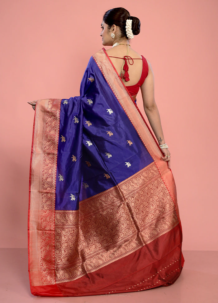 Blue Katan Pure Silk Saree With Blouse Piece - Indian Silk House Agencies