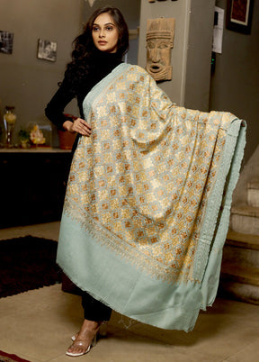 Green Woolen Zari Woven Work Shawl - Indian Silk House Agencies