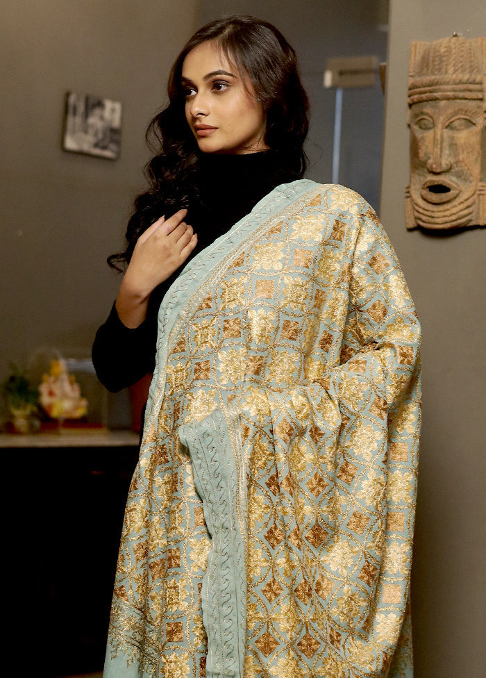 Green Woolen Zari Woven Work Shawl - Indian Silk House Agencies