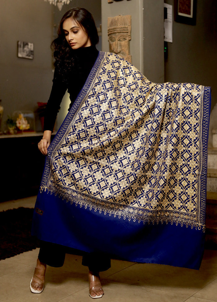 Blue Woolen Zari Woven Work Shawl - Indian Silk House Agencies