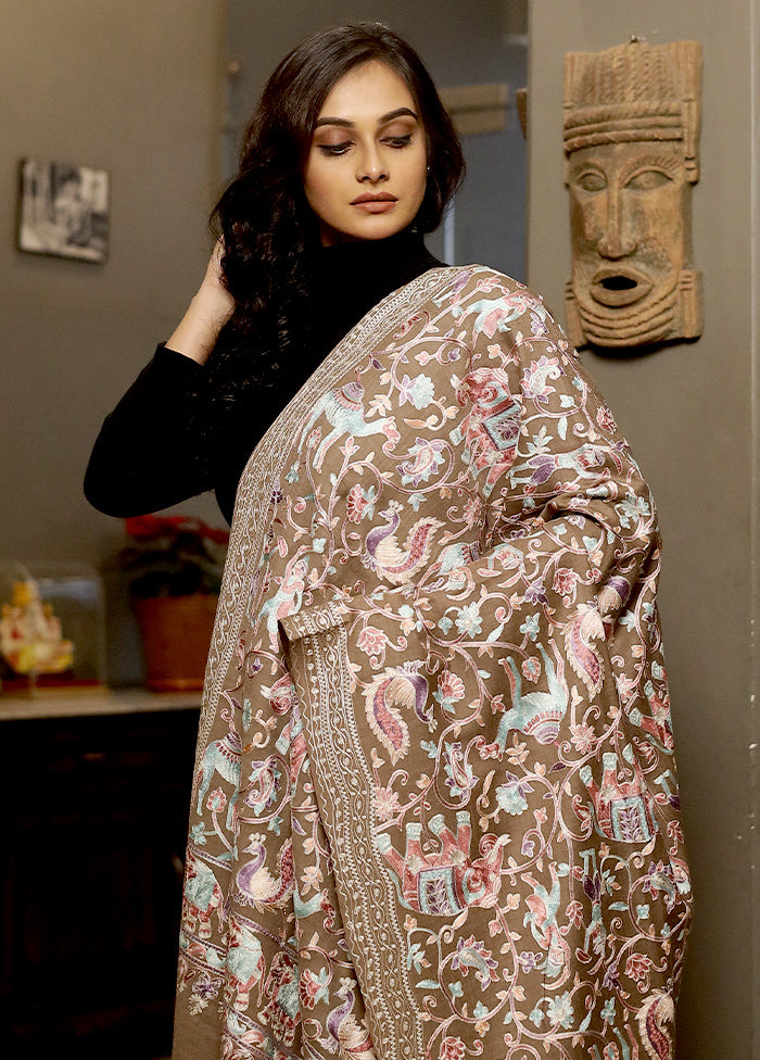 Grey Woolen Zari Woven Work Shawl - Indian Silk House Agencies