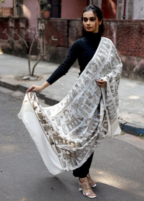 White Woolen Zari Woven Work Shawl - Indian Silk House Agencies