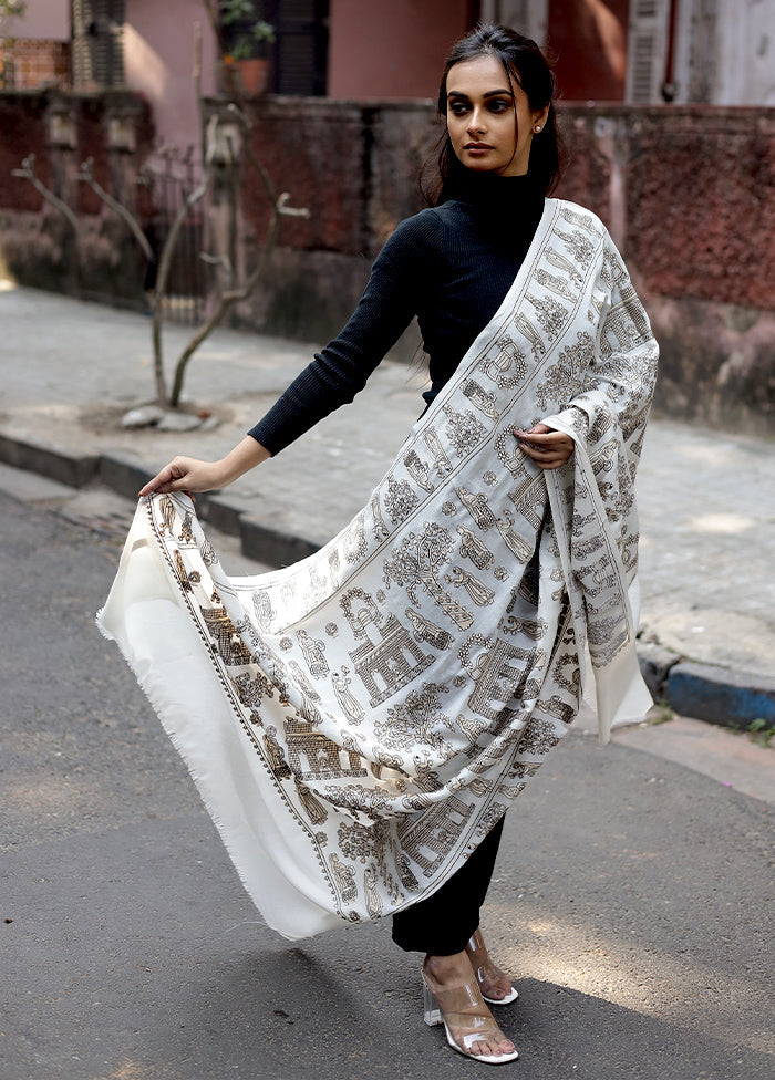 White Woolen Zari Woven Work Shawl - Indian Silk House Agencies