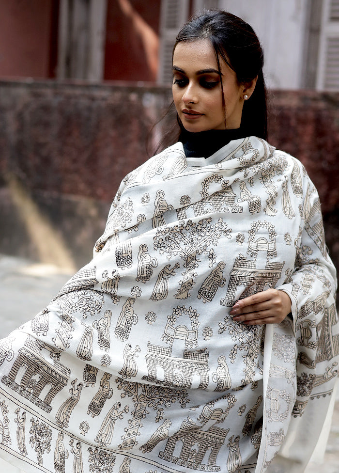 White Woolen Zari Woven Work Shawl - Indian Silk House Agencies