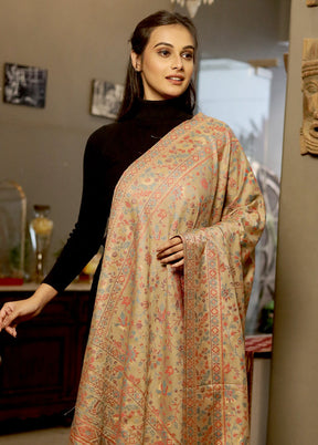 Cream Woolen Zari Woven Work Shawl - Indian Silk House Agencies