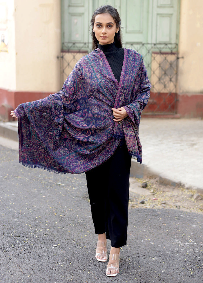 Blue Woolen Zari Woven Work Shawl - Indian Silk House Agencies