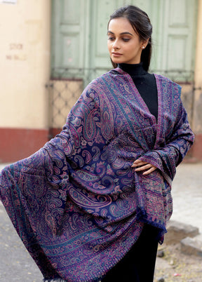 Blue Woolen Zari Woven Work Shawl - Indian Silk House Agencies