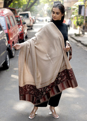 Cream Woolen Zari Woven Work Shawl - Indian Silk House Agencies