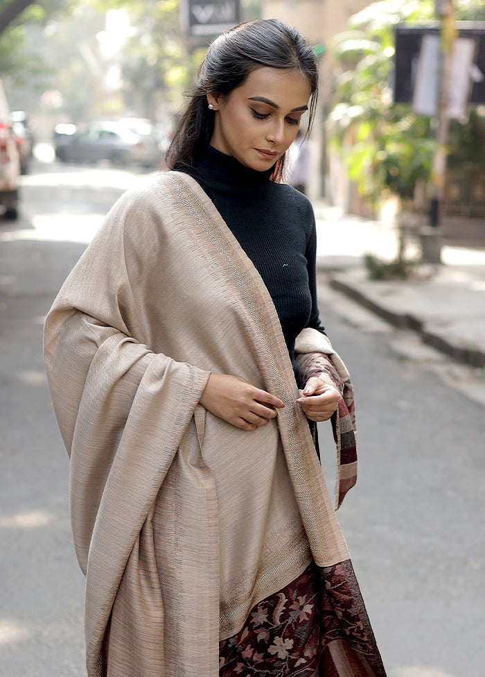 Cream Woolen Zari Woven Work Shawl - Indian Silk House Agencies