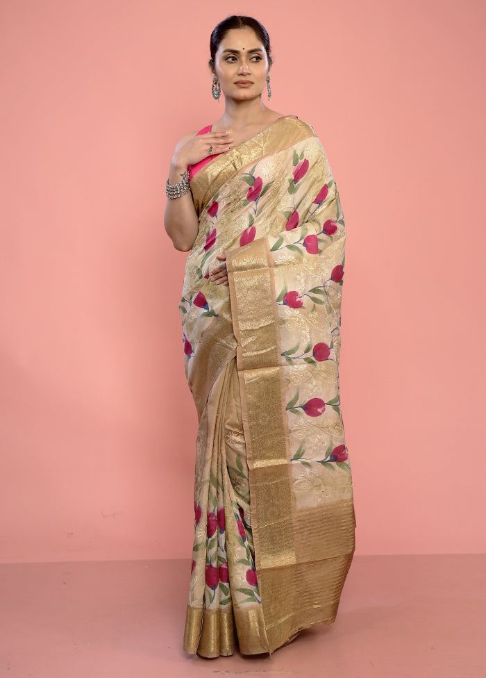 Cream Dupion Silk Saree With Blouse Piece - Indian Silk House Agencies