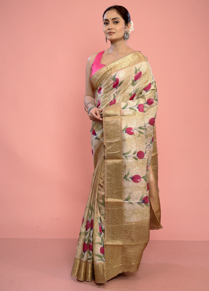 Cream Dupion Silk Saree With Blouse Piece - Indian Silk House Agencies