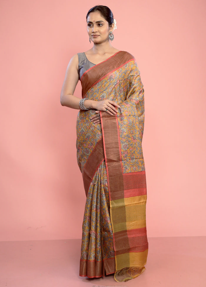 Yellow Tussar Silk Saree With Blouse Piece - Indian Silk House Agencies