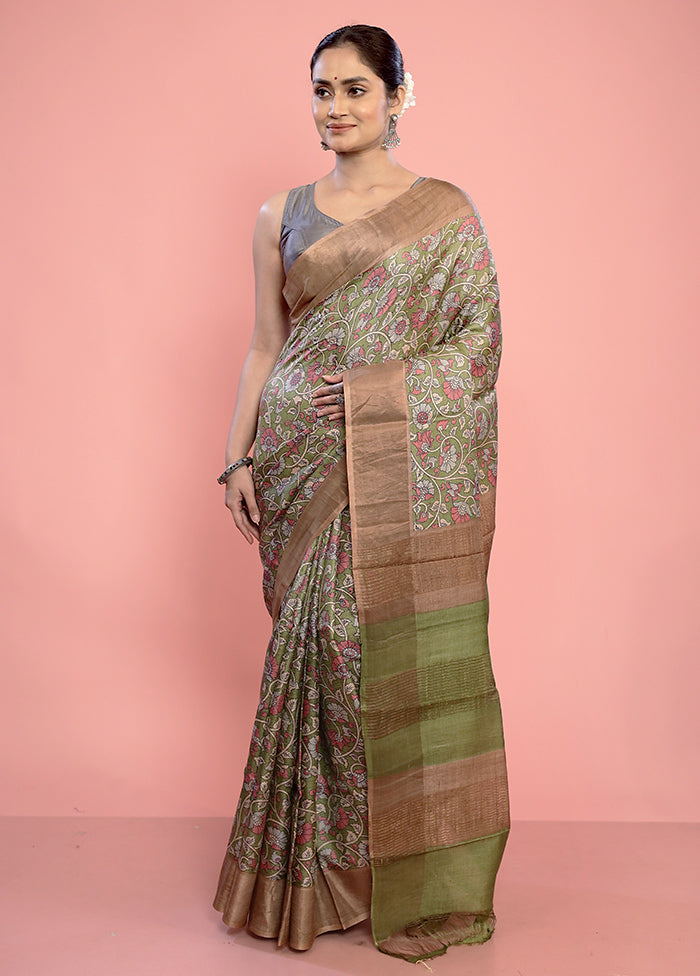 Green Tussar Silk Saree With Blouse Piece - Indian Silk House Agencies