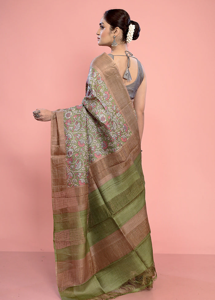 Green Tussar Silk Saree With Blouse Piece - Indian Silk House Agencies