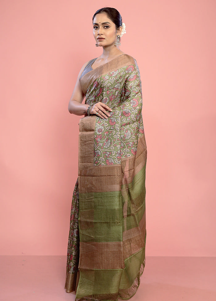 Green Tussar Silk Saree With Blouse Piece - Indian Silk House Agencies