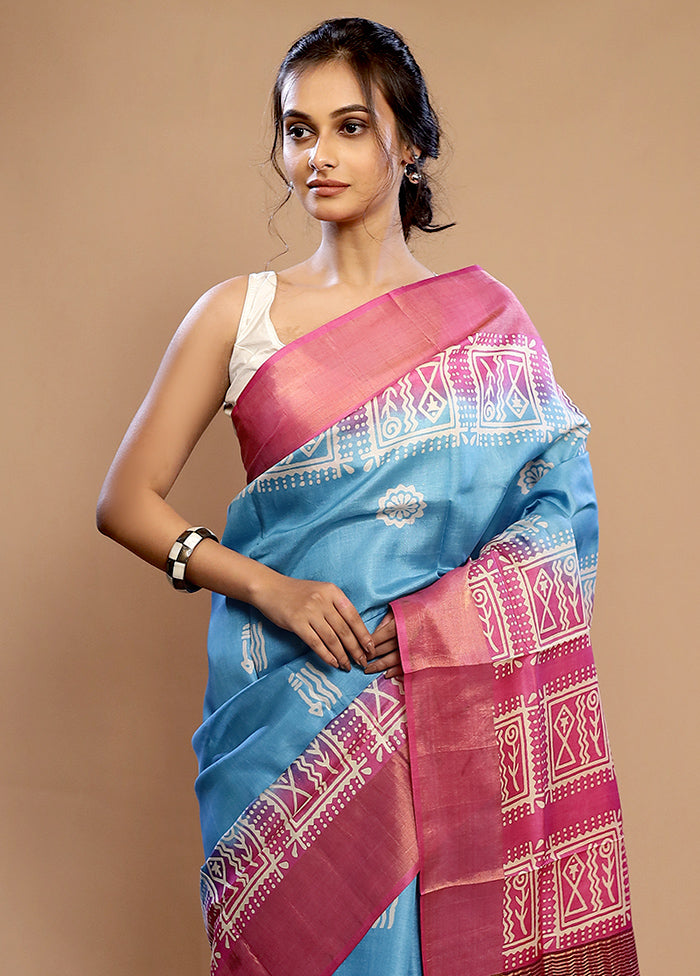 Blue Tussar Silk Saree With Blouse Piece - Indian Silk House Agencies