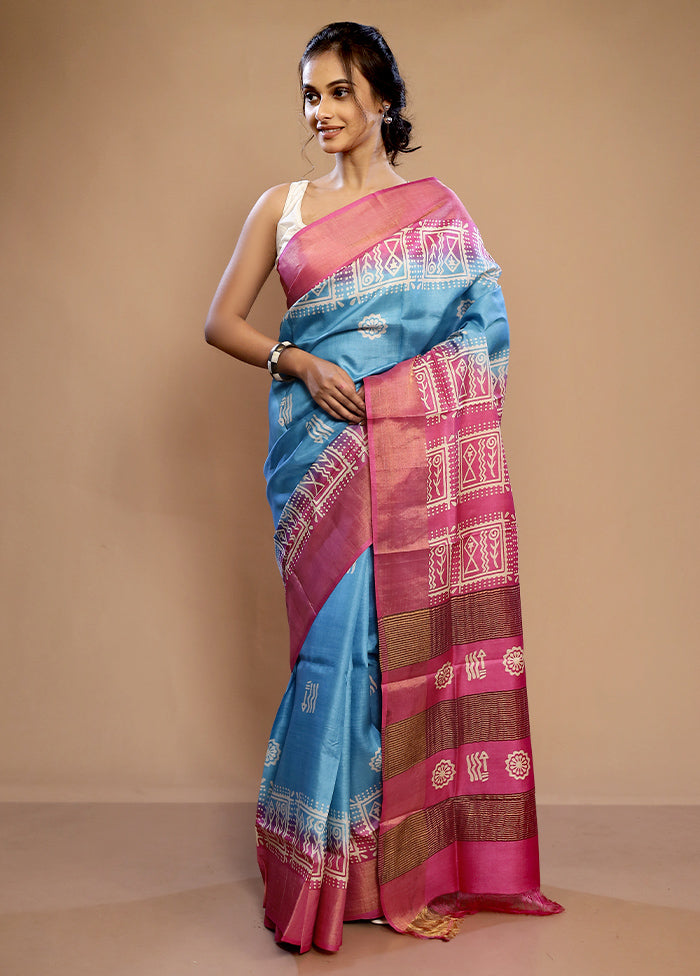 Blue Tussar Silk Saree With Blouse Piece - Indian Silk House Agencies