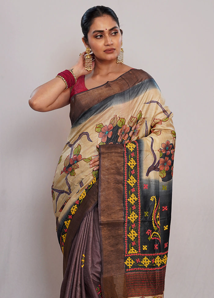 Cream Tussar Pure Silk Saree With Blouse Piece - Indian Silk House Agencies