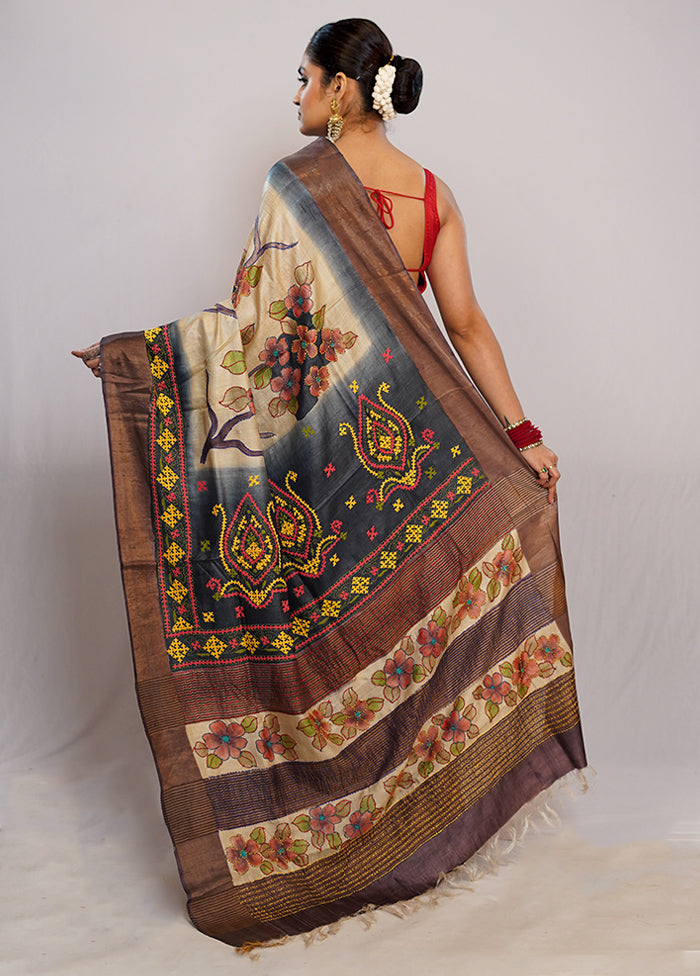 Cream Tussar Pure Silk Saree With Blouse Piece - Indian Silk House Agencies