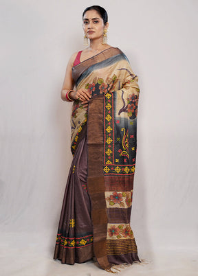 Cream Tussar Pure Silk Saree With Blouse Piece - Indian Silk House Agencies