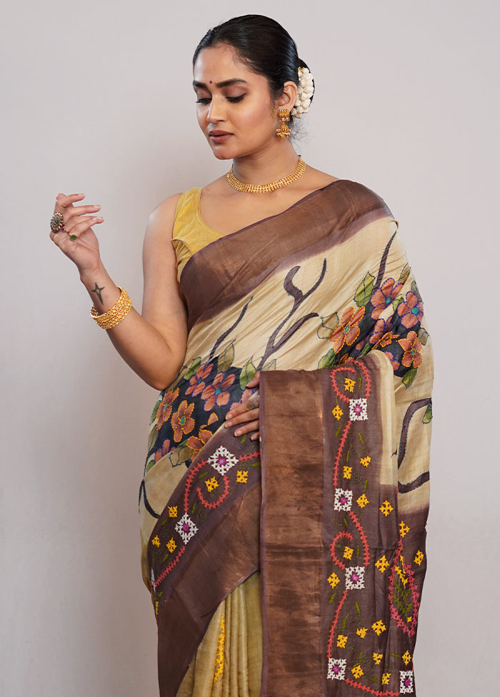 Cream Tussar Pure Silk Saree With Blouse Piece - Indian Silk House Agencies