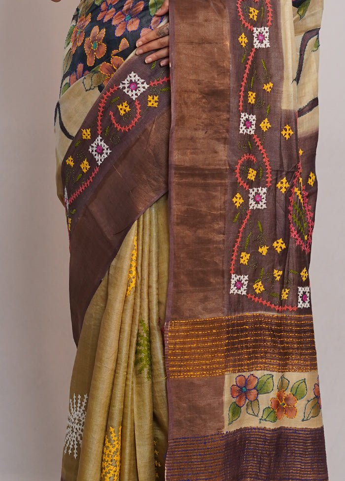 Cream Tussar Pure Silk Saree With Blouse Piece - Indian Silk House Agencies