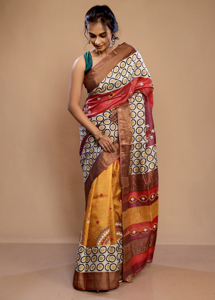 Cream Tussar Pure Silk Saree With Blouse Piece - Indian Silk House Agencies