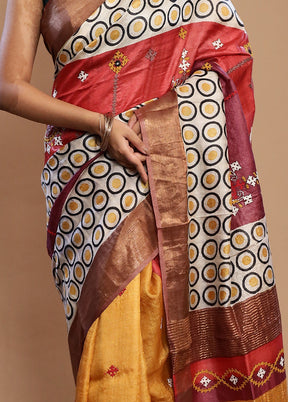 Cream Tussar Pure Silk Saree With Blouse Piece - Indian Silk House Agencies