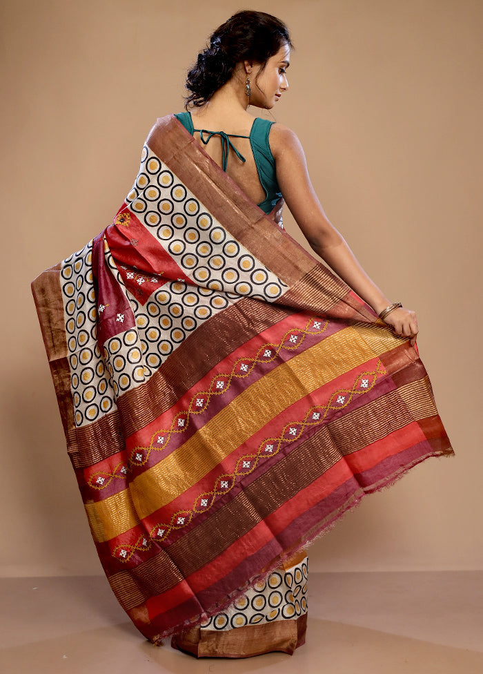 Cream Tussar Pure Silk Saree With Blouse Piece - Indian Silk House Agencies