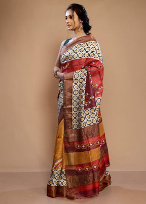 Cream Tussar Pure Silk Saree With Blouse Piece - Indian Silk House Agencies