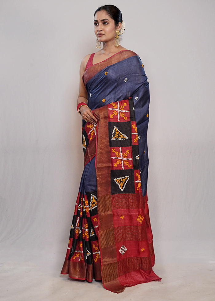 Grey Tussar Pure Silk Saree With Blouse Piece - Indian Silk House Agencies