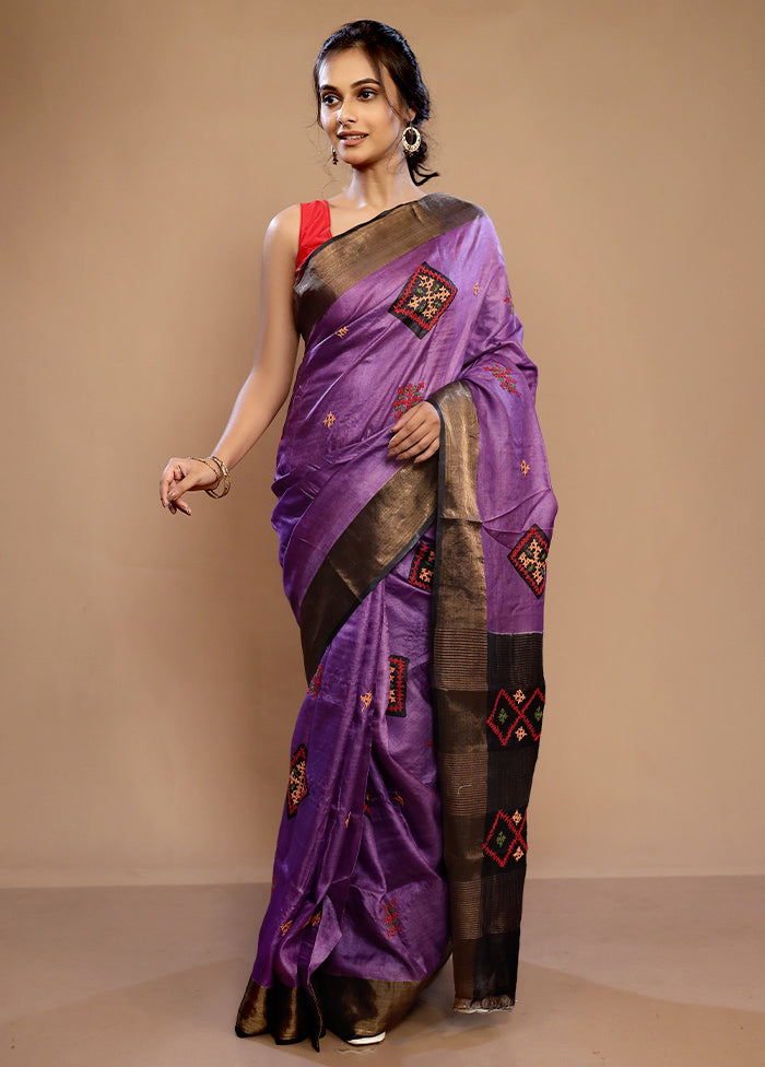 Purple Tussar Pure Silk Saree With Blouse Piece - Indian Silk House Agencies