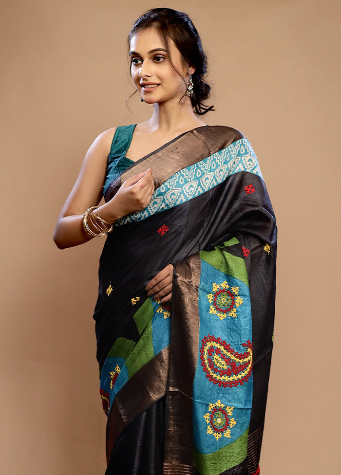 Black Tussar Pure Silk Saree With Blouse Piece - Indian Silk House Agencies