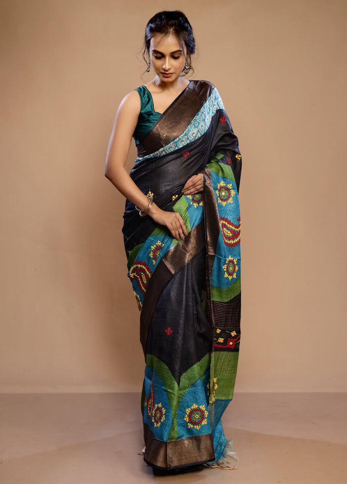 Black Tussar Pure Silk Saree With Blouse Piece - Indian Silk House Agencies