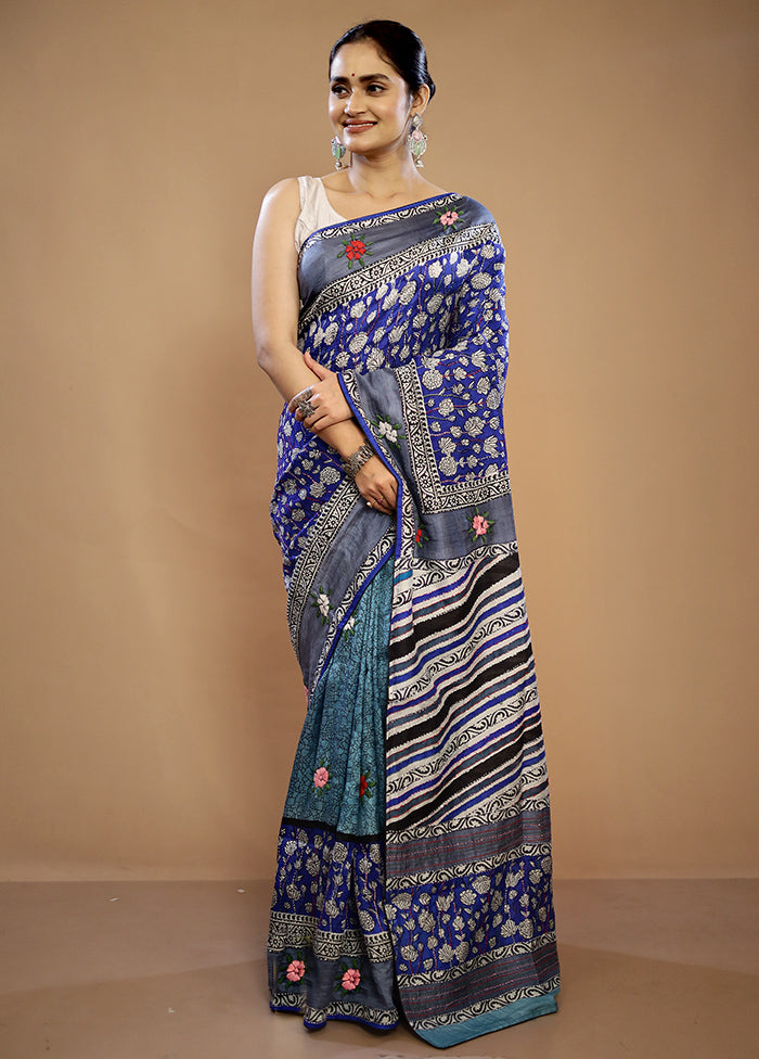 Blue Tussar Pure Silk Saree With Blouse Piece - Indian Silk House Agencies