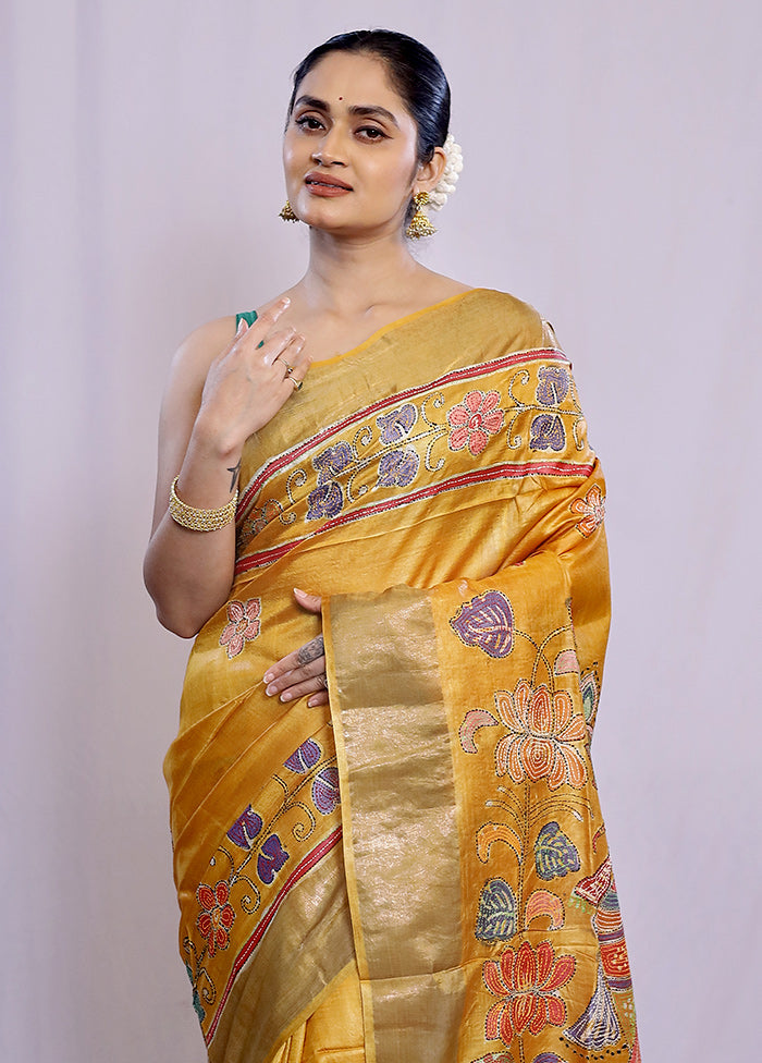 Yellow Tussar Pure Silk Saree With Blouse Piece - Indian Silk House Agencies