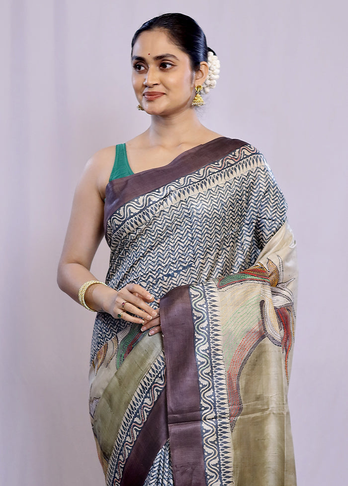 Cream Tussar Pure Silk Saree With Blouse Piece - Indian Silk House Agencies