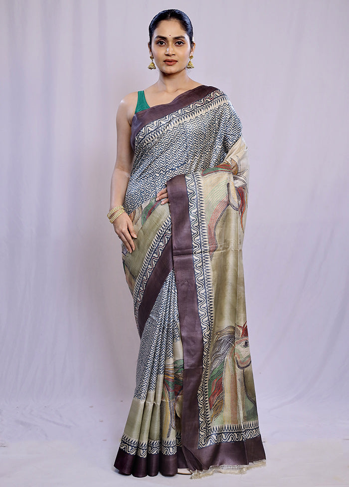 Cream Tussar Pure Silk Saree With Blouse Piece - Indian Silk House Agencies