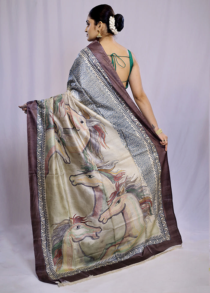 Cream Tussar Pure Silk Saree With Blouse Piece - Indian Silk House Agencies