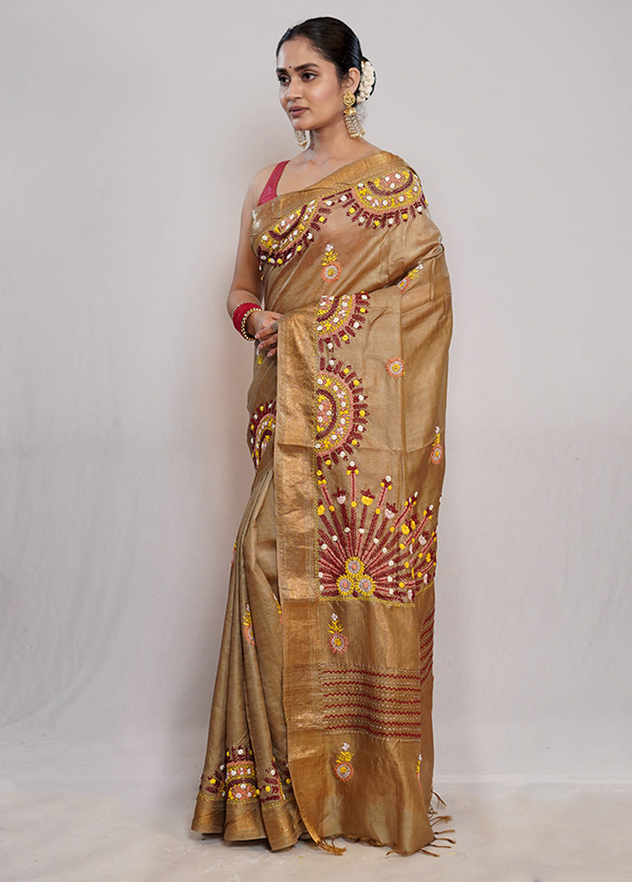 Cream Tussar Pure Silk Saree With Blouse Piece - Indian Silk House Agencies