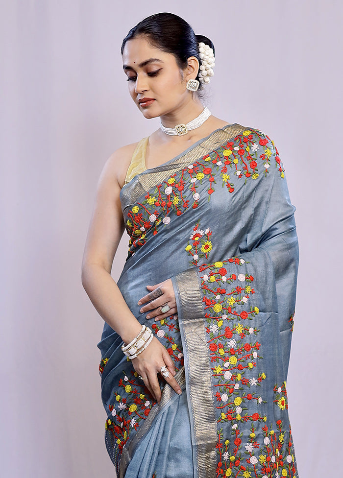 Grey Tussar Pure Silk Saree With Blouse Piece - Indian Silk House Agencies