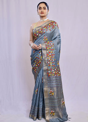 Grey Tussar Pure Silk Saree With Blouse Piece - Indian Silk House Agencies