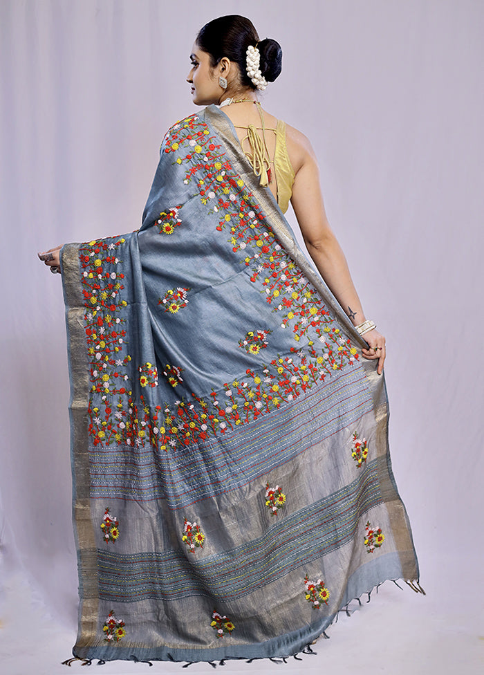 Grey Tussar Pure Silk Saree With Blouse Piece - Indian Silk House Agencies