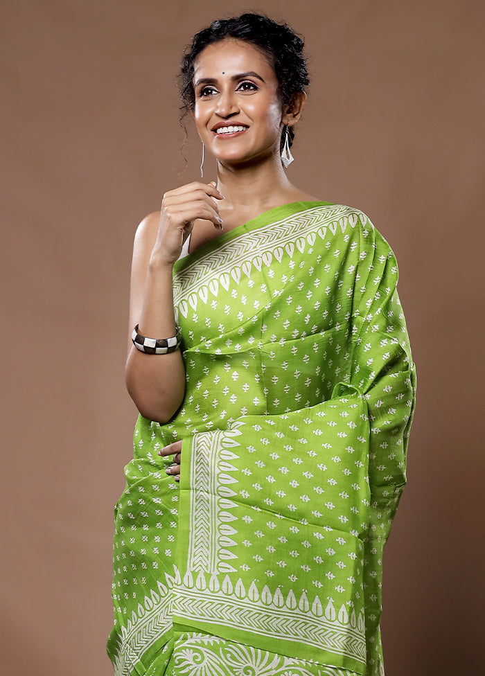 Green Printed Pure Silk Saree With Blouse Piece - Indian Silk House Agencies